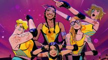 Roller drama release date: key art for the game Rollr Drama shows five roller derby players in yellow outfits, pulling exciting poses