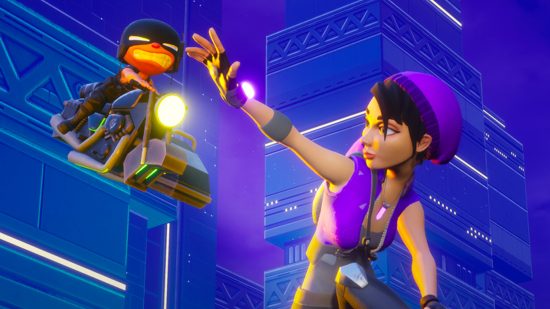 Rooftop Renegade release date: Official art for Rooftop Renegade, showing main character Svetlana, a white woman with brown hair, a purple beanie and a matching top, fighting off a hooded enemy on a hover-scooter.