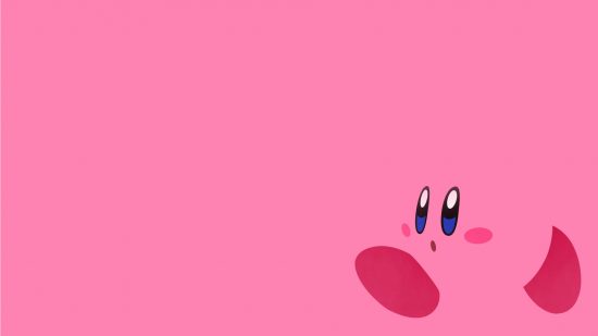 Kirby wallpapers: A simple pink wallpaper background with a lineless Kirby illustation in the bottom right corner. His body is the same colour as the background, so the details are his face and his feet.