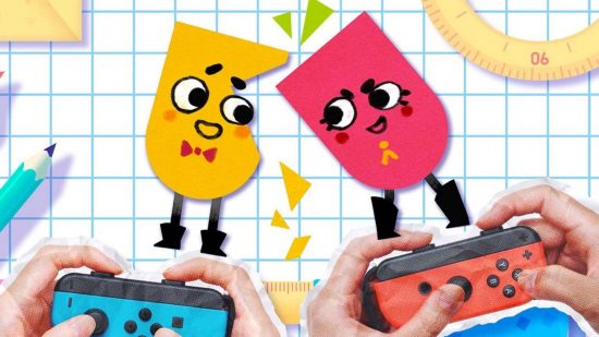 Snipperclips Nintendo Switch Online game trial: ket art for the game Snipperclips hows two oblong shapes with smily faces, being controlled by hands holding Switch joy-cons in the foreground