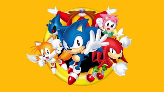 Sonic characters: key art shows several Sonic character jumping out of a ring, against a yellow background