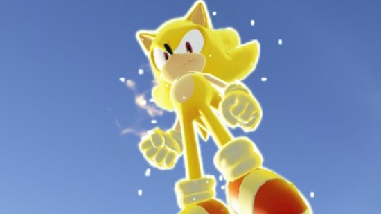 Sonic games: Super Sonic floating in a clear blue sky, looking down angrily.