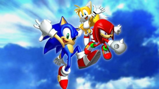 Sonic wallpaper: promotional art for the game Sonic Heroes shows Sonic, Knuckle, and Tails, leaping into the air against a cloudy background