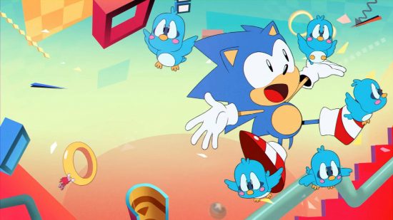 Sonic wallpaper: an illustration from the opening cut scene to Sonic Mania shows a paste coloured Sonic leaping into the air in joy
