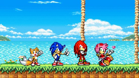 Sonic wallpaper: a pixelated scene shows Sonic, Tails, Knuckles, and Amy stood in Green Hill Zone