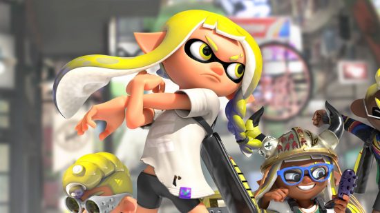 Splatoon 3 DLC - a yellow pig-tailed squid-humanoid from Splatoon 3 doing a shoulder blade stretch stood next to other squid-humanoids in a metropolis wearing a white shirt and black shorts.