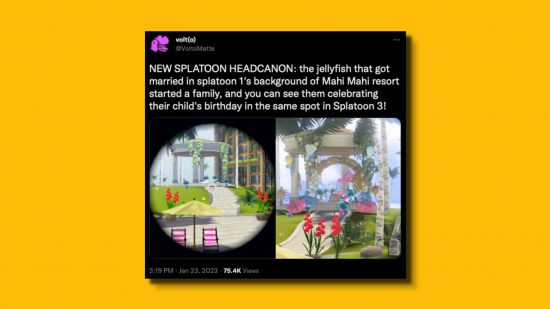 A tweet from Volto Matte that reads; NEW SPLATOON HEADCANON: the jellyfish that got married in splatoon 1's background of Mahi Mahi resort started a family, and you can see them celebrating their child's birthday in the same spot in Splatoon 3!. Two images below. On the left, Splatoon jellyfish stood underneath a gazebo getting married, surrounded by grass and plants. On the right Splatoon jellyfish stood underneath a gazebo partying with hats, surrounded by grass and plants