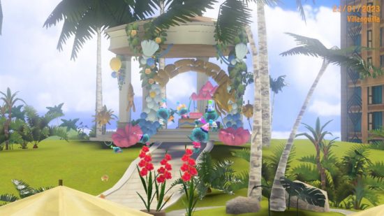 Splatoon jellyfish stood underneath a gazebo partying with hats, surrounded by grass and plants