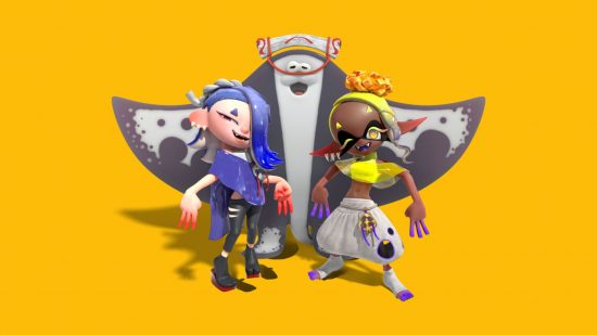 Splatoon jellyfish - two characters in front of a mantis on a mango yellow background. Shiver on the left, in blue with half-shaved head, half big fringe. On the right frye, in blue, with tied up hair and crop top.