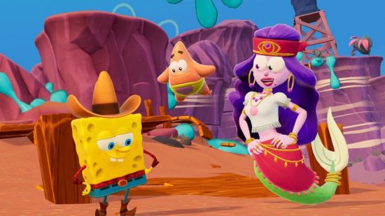 SpongeBob SquarePants: The Cosmic Shake - SpongeBob and Patrick speaking to a gipsy mermaid in cowboy outfits