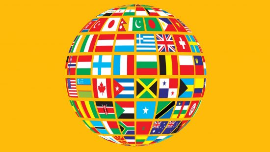 Sporcle flags of the world: a globe made of flags is visisble against a yellow background