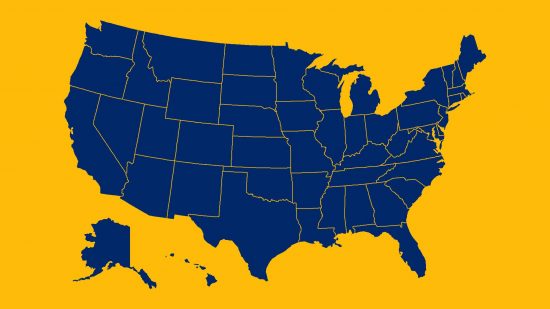 Sporcle US states: an image of the US states is shown in blue, against a yellow background