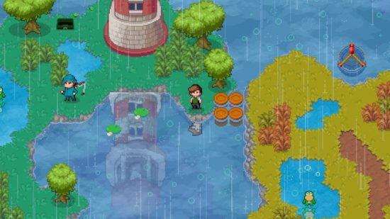 Screenshot of the character standing close to a fishing spot for Sports Story review