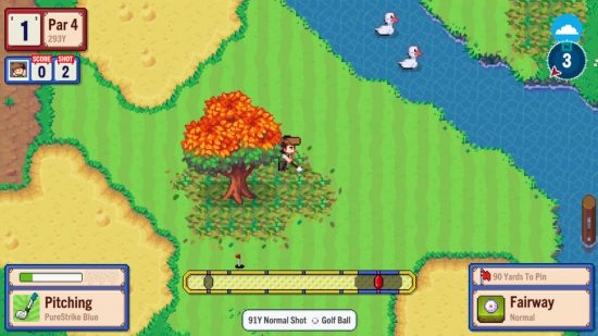 Golfing game screenshot on a green course for Sports Story review