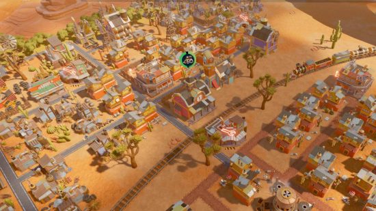 SteamWorld Build: a top-down view shows a city in a barren desert, with lots of different buildings and workers moving around
