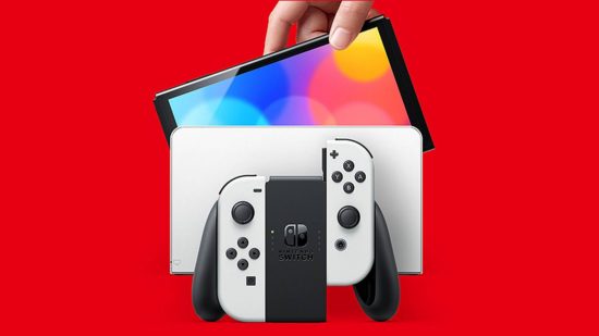 A Nintendo Switch OLED in front of a red background - Switch AC adapter