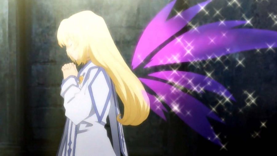 Tales of Symphonia Remastered: An image of a blonde anime character with purple wings standing side-on and praying