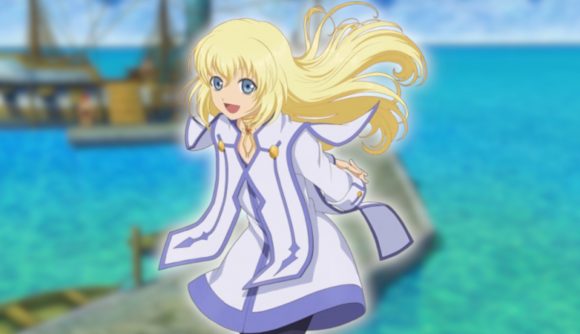 Tales of remasters: Colette from Tales of Symphonia pasted onto a blurred screenshot from the game featuring a port and a body of water.