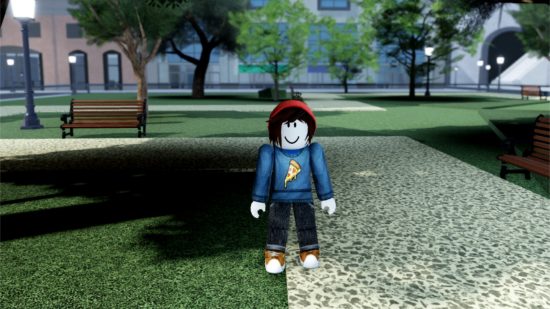 That Crazy Adventure codes - an avatar in a pizza jumpeer stood in the middle of a park