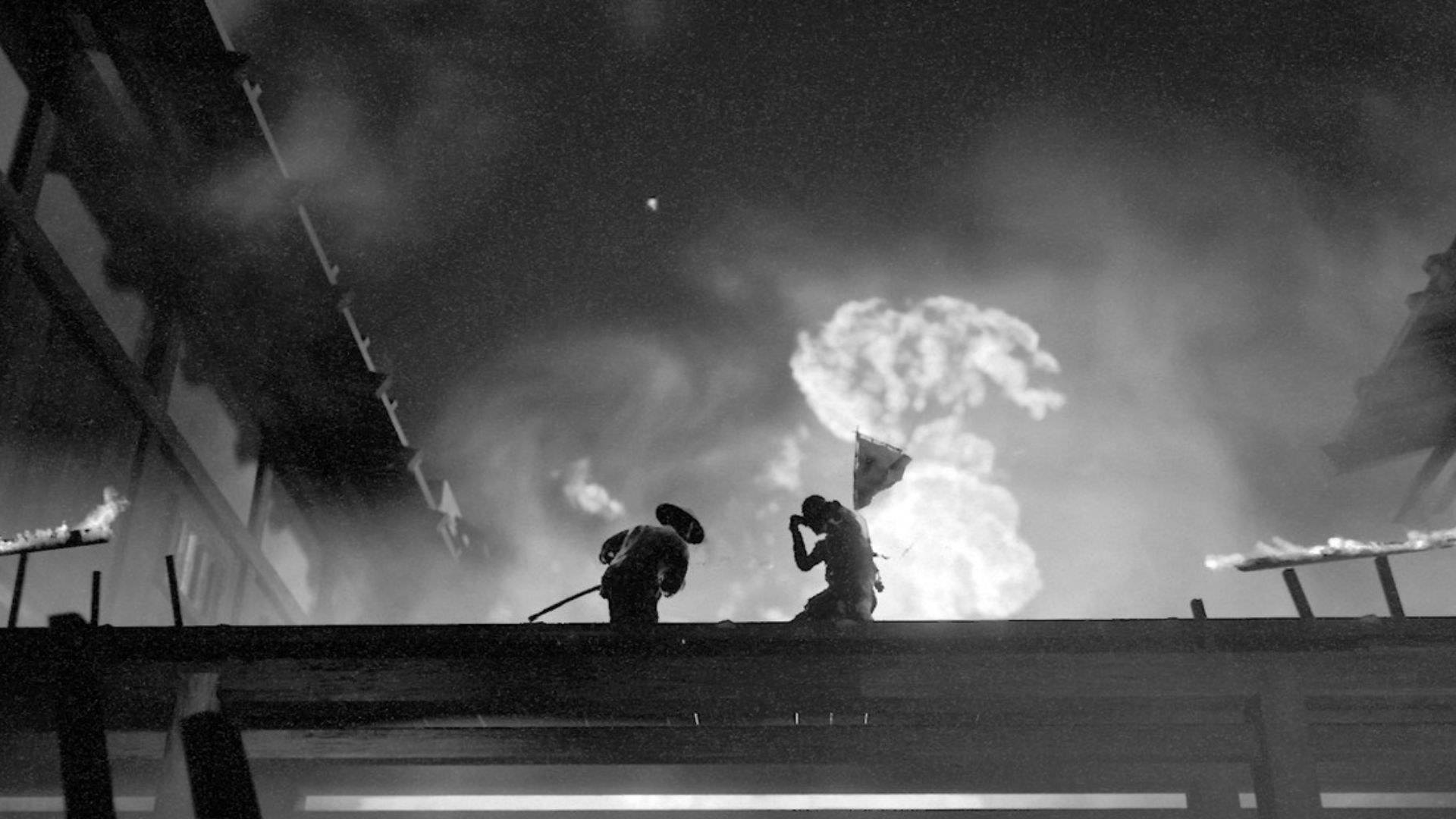 Two men sword fighting in front of a large explosion in a scene from Trek to Yomi, all in black and white.