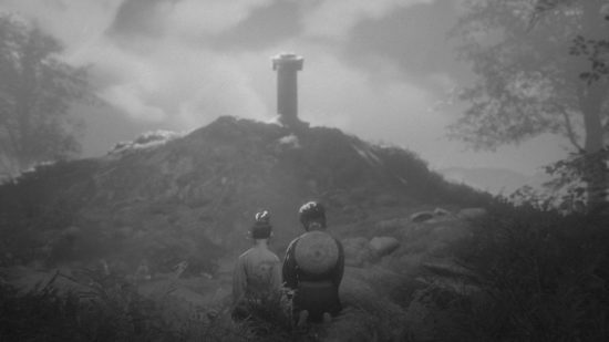 Trek to Yomi review - Hikori and Aiko sat together looking at Sanjuro's grave on a hill