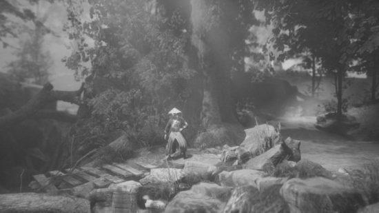 Trek to Yomi review - Hikori stood beside a tree