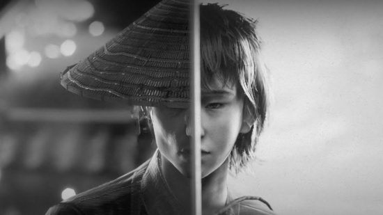 Trek to Yomi Switch release date - on one side, a young boy on a blank background, half his face cut by the other side, a man with a straw hat on. All in black and white.