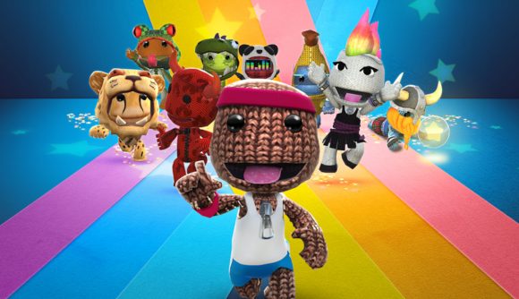 Ultimate Sackboy release date: Key art from Ultimate Sackboy showing classic Sackboy in running gear running towards the viewer, with a range of costumed Sackboys running behind him on a rainbow background.