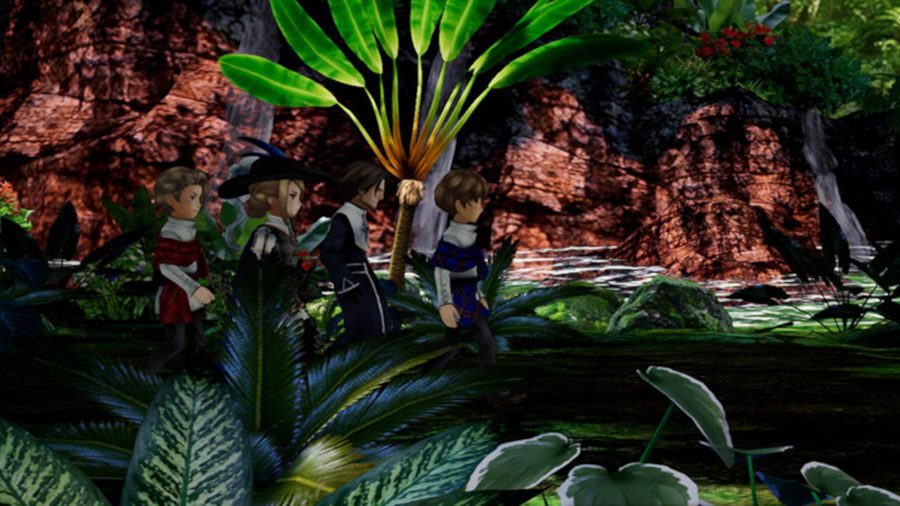 Various Daylife: A screenshot from Various Daylife of the party trekking through a lush rainforest.