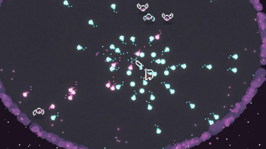 Void Prison: A screenshot of bullet hell gameplay from Void Prison, featuring light blue bullets and purple enemies on a black background.