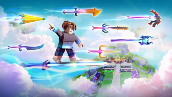 Weapon fighting simulator codes: key art for the Roblox game Weapon Fighting Simulator shows a Roblox avatar riding through the sky on a sword, surrounded by other swords