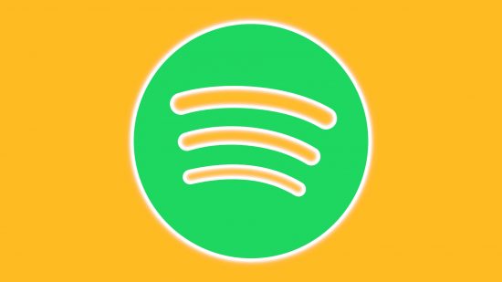 What is Spotify: The green Spotify circle logo with three curved lines in the middle to indicate sound outlined in white on a mango background.