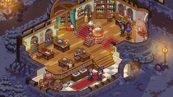 Witchbrook release date - a pixelated store full of patrons looking at different wares