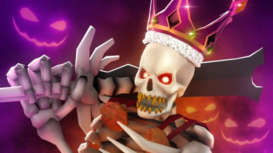 World Zero codes: key art for the Roblox game World Zero shows a large evil skeleton with a huge sword, and a crown of jewels