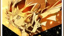 Yu-Gi-Oh Duel Links sixth anniversary: Yugi holding a card and preparing to duel. The art is filtered to appear gold, and this art will appear on the card sleeves.