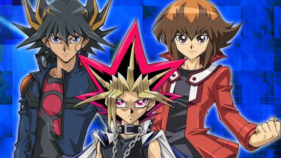 Classic Yu-Gi-Oh! anime characters Yugi, Jaden, and Yusei looking at the camera for Yu-Gi-Oh! Duel Links interview