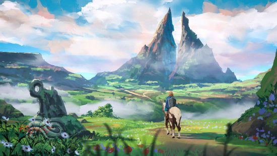 Zelda wallpapers: an illustration shows Link on horseback, staring up at the mountains known as the duelling peaks