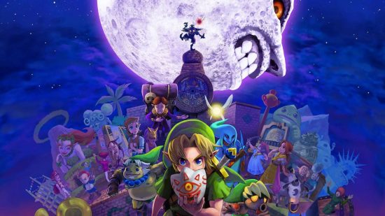 Zelda wallpapers: an illustration shows a young Link holding Majora's Mask in front of his face, with several supporting characters and the moon behind him