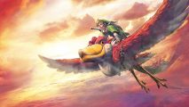 Zelda wallpapers: an illustration shows Link on te back of a giant red bird, flying above the clouds