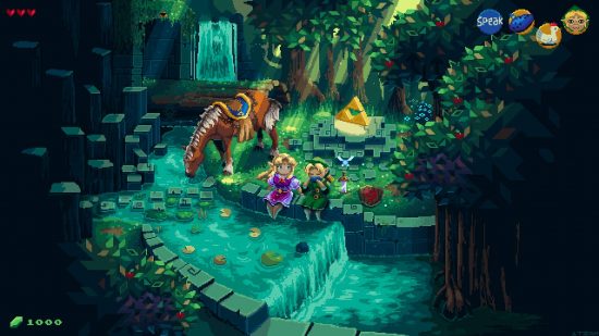 Zelda wallpapers: a pixelated illustration shows Link and Zelda sat in a fountain, relaxing and surrounded by foliage