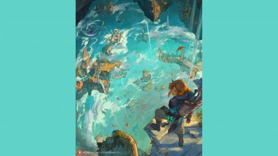 Zelda wallpapers: an illustration shows Link from Tears of the Kingdom stood over floating islands
