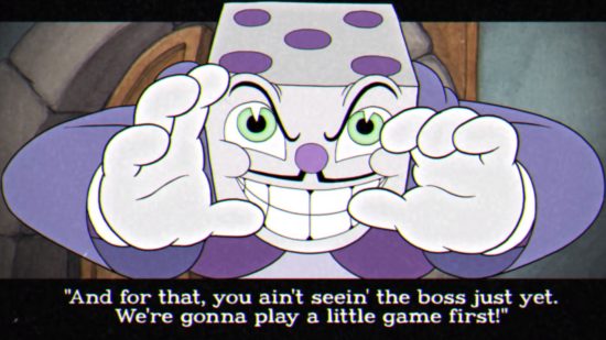 Cuphead King Dice leering at the player from the screen