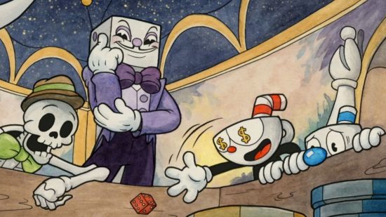 Cuphead King Dice in the casino with Cuphead, Mugman, and the Devil