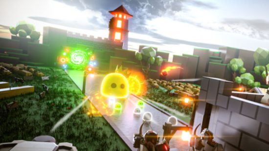 Dimension Defenders codes: a battle scene between monsters and roblox people