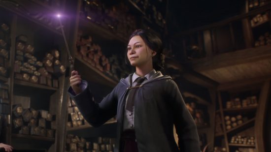 Hogwarts Legacy Merlin Trials: A student trying a wand