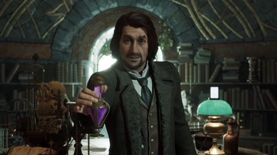 Hogwarts Legacy potions professor holding a vial