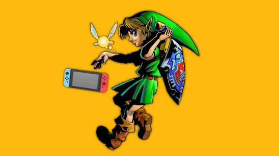 Majoras Mask Switch: Link with Navi and a Nintendo Switch console
