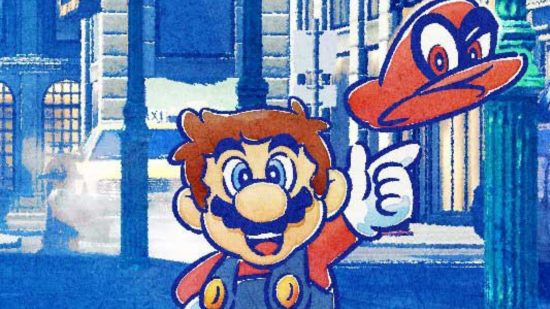 Mario Miyamoto quote header showing art of Mario, a man with brown hair, black eyebrows and moustache, with a big round nose and cartoonishly big eyes and mouth, wearing a red shirt and blue dungarees, spinning a red cap with eyes on it around his left finger, with a blue cityscape in the background.