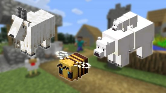 Minecraft mobs: a bee, a goat, and a polar bear in minecraft