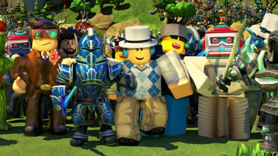 Roblox game creators news header showing a bunch of Roblox avatars -- basically Lego people -- lined up on some grass. One is wearing a top hat and plaid jumper, another a blue knights costume, another a sort of tweed skiing get up, among other hard to define nonsense.